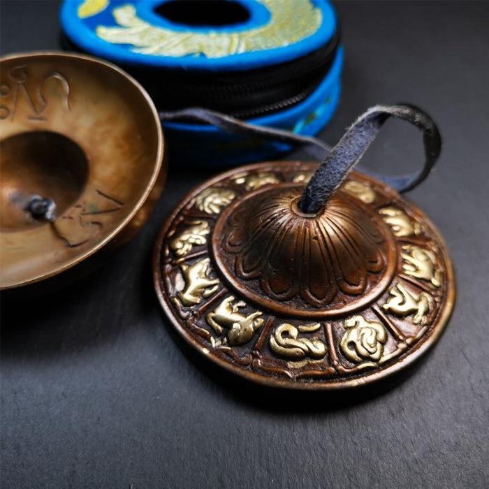 Copper Tingsha Set - 12 Tibetan Zodiac - 3.27" - Tibetan Buddhist art, view 6