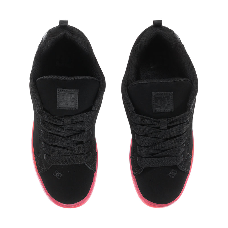 Women’s black sneakers, front and back view with pink-trimmed soles