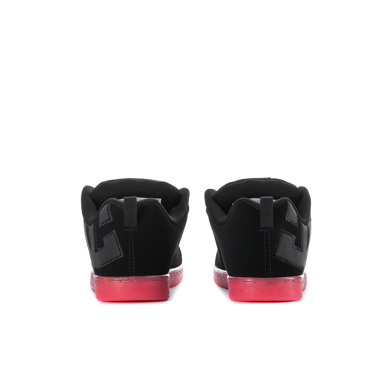 Women’s black sneakers with rear straps and pink translucent heel sole