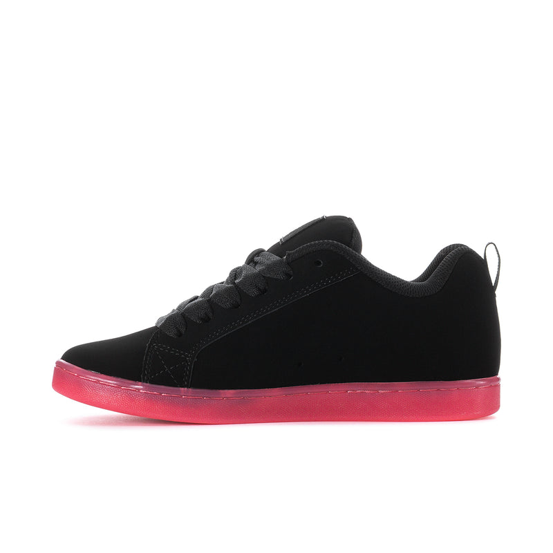 Women’s black low-top sneaker with lace-up front and pink translucent sole