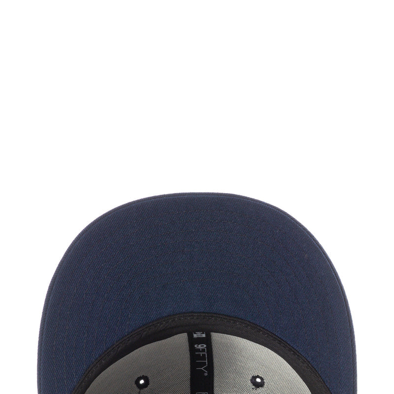 Navy baseball cap top view with inner snapback strap