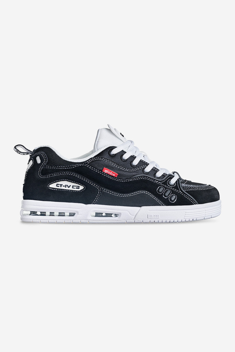 Side profile of CT-4 Black White Globe skate shoe with white laces and contrasting panels