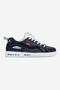 Side profile of CT-4 Black White Globe skate shoe with white laces and contrasting panels