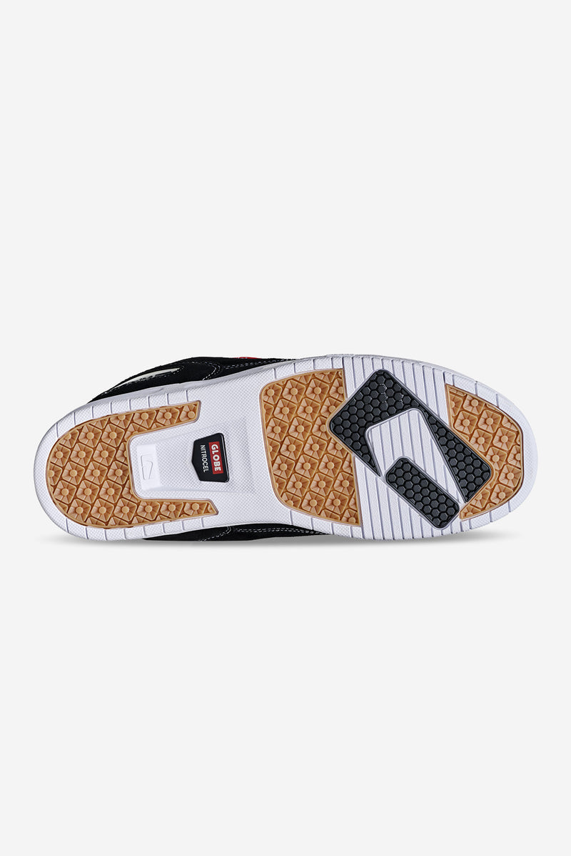 Outsole view of CT-4 black and white skate shoe with tan gum tread and white midsole