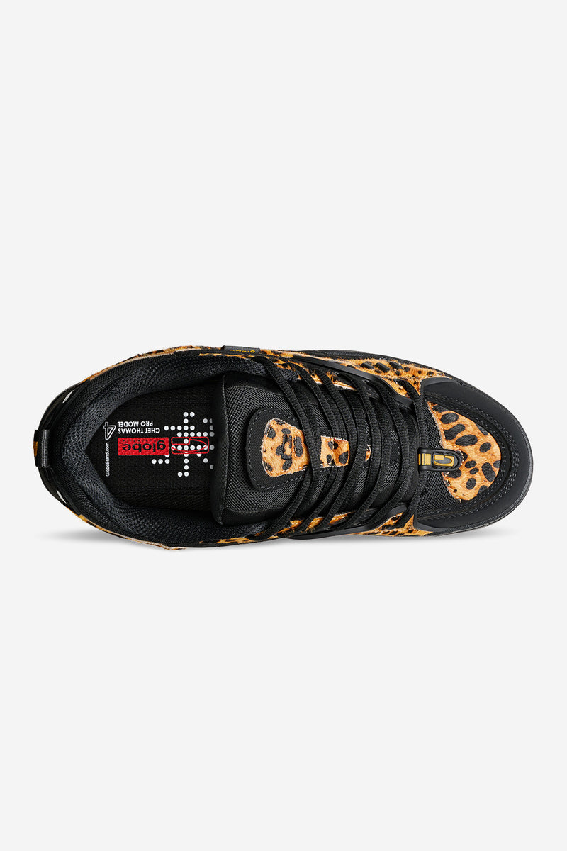Top view of CT-4 Leopard sneaker with leopard print upper and black laces