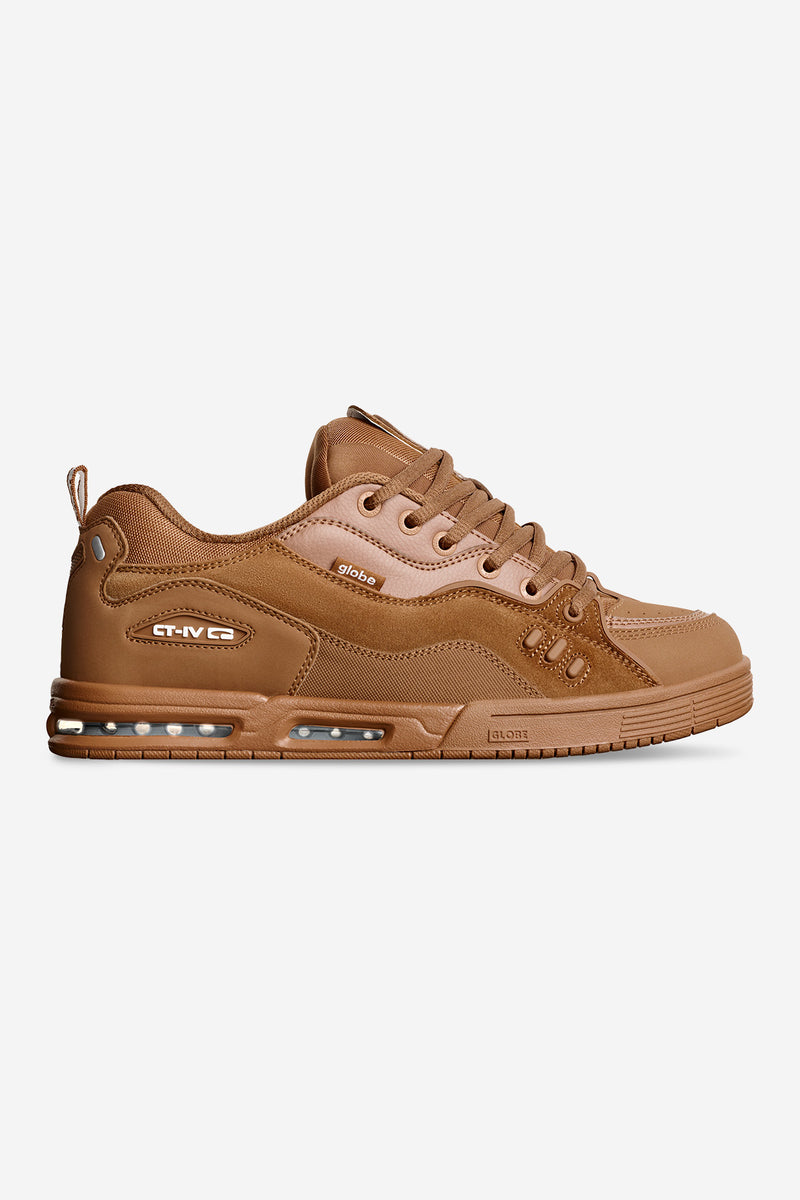Brown Tobacco Globe CT-4 skate shoe side view with tan suede and visible heel air unit.