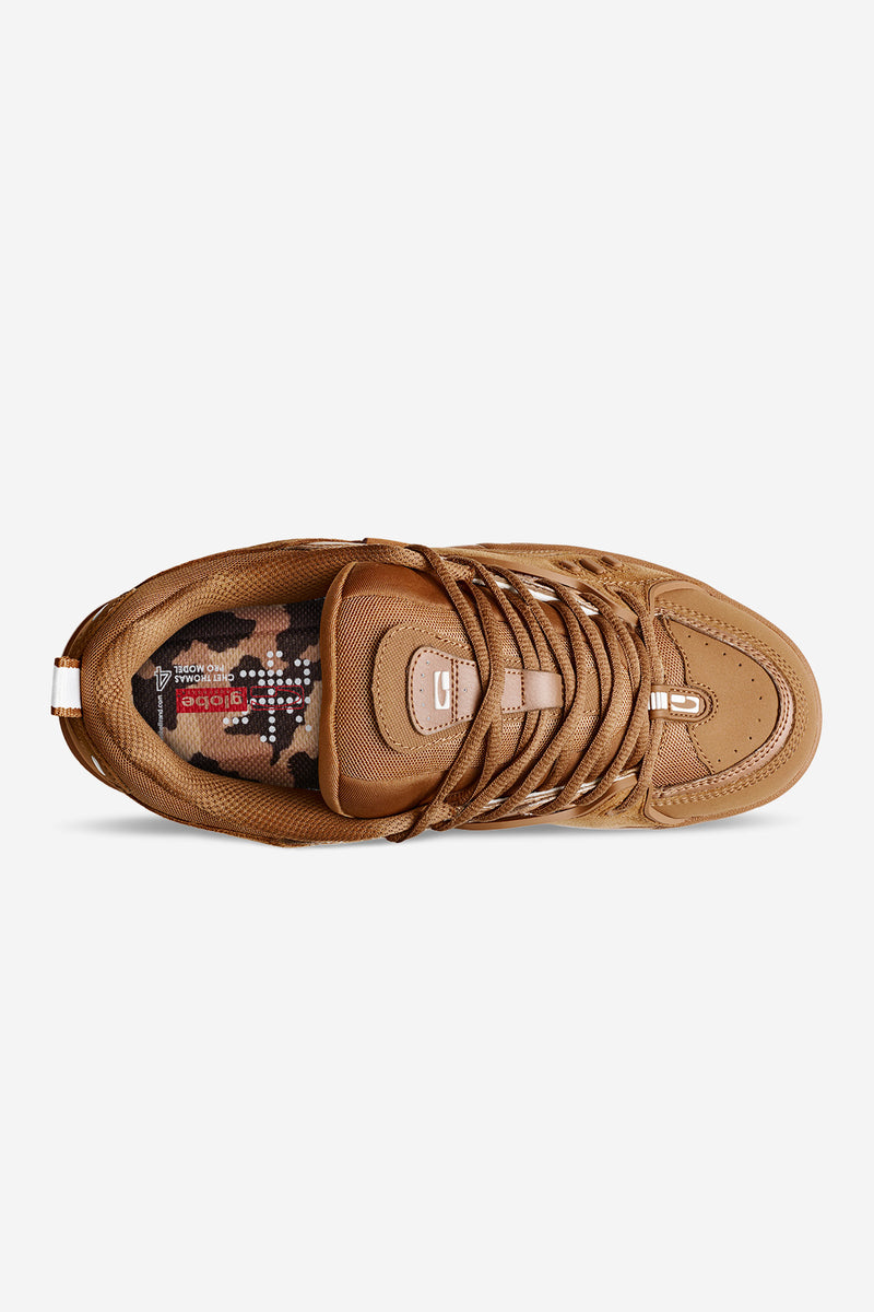 Top view of Tobacco Globe CT-4 skate shoe with tan upper and camo interior lining.
