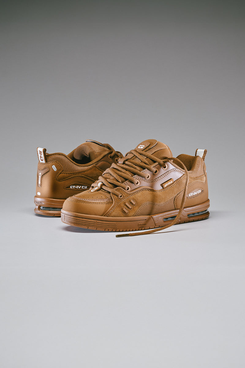 Two CT-4 Tobacco skate shoes in brown suede with laces and branding details