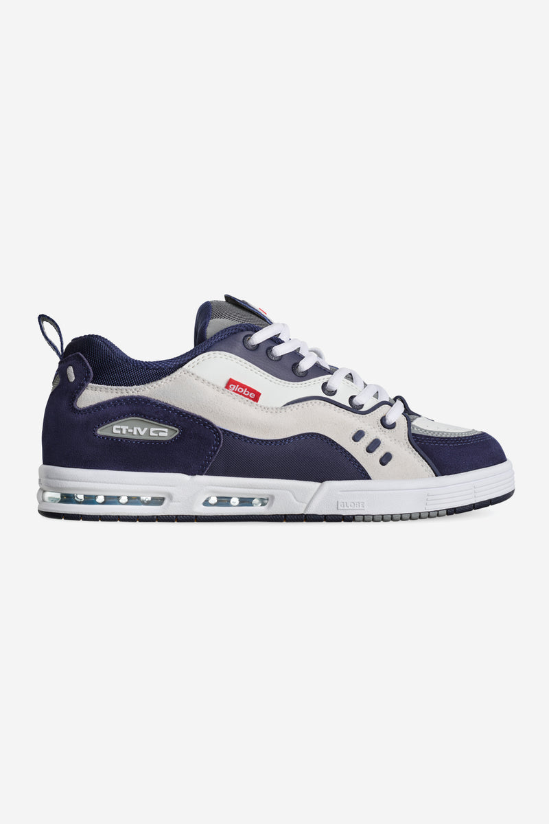 CT-4 skate shoe in white and navy displayed in profile.