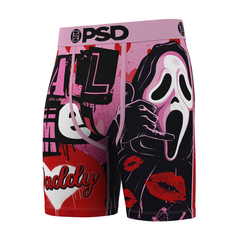 Men's boxer briefs, pink-and-black skull graphic with red lips and 'Daddy' text