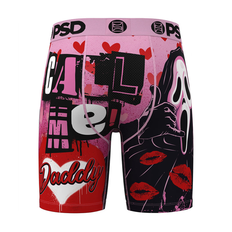 Men's boxer briefs with pink-and-black skull face graphic, red lips, PSD logo waistband