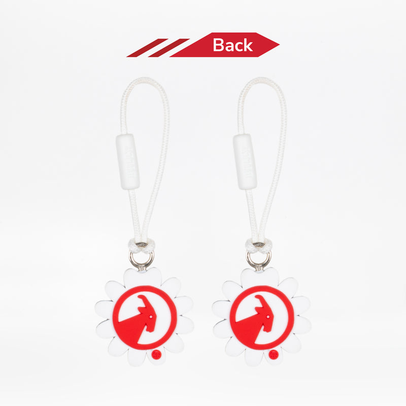 Reverse side of two keychains with a red goat logo on a white background