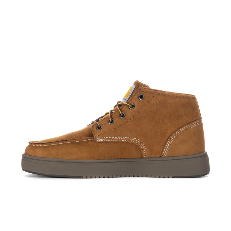 Men's brown moc toe chukka boots with lace-up closure and stitched moc toe
