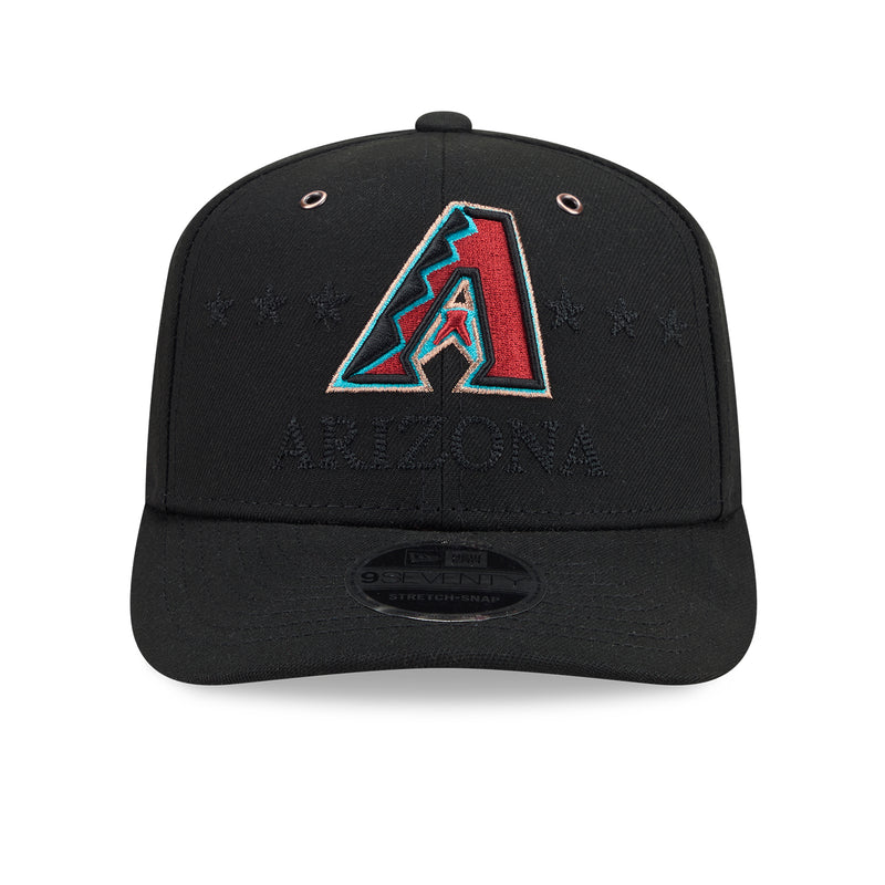 Black snapback cap front with colorful Arizona A logo embroidery.