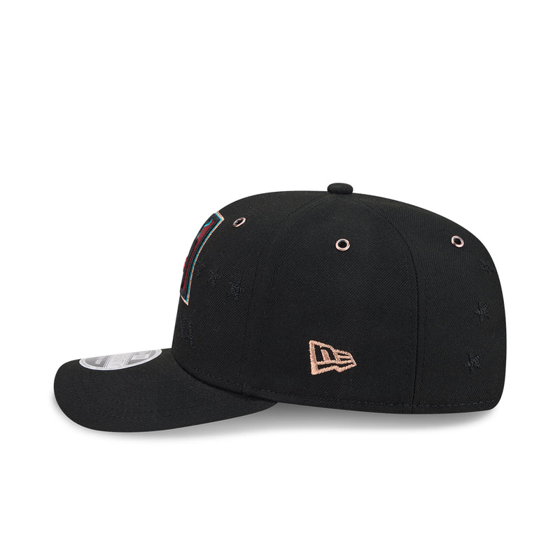 Black snapback cap with New Era flag logo on side panel.