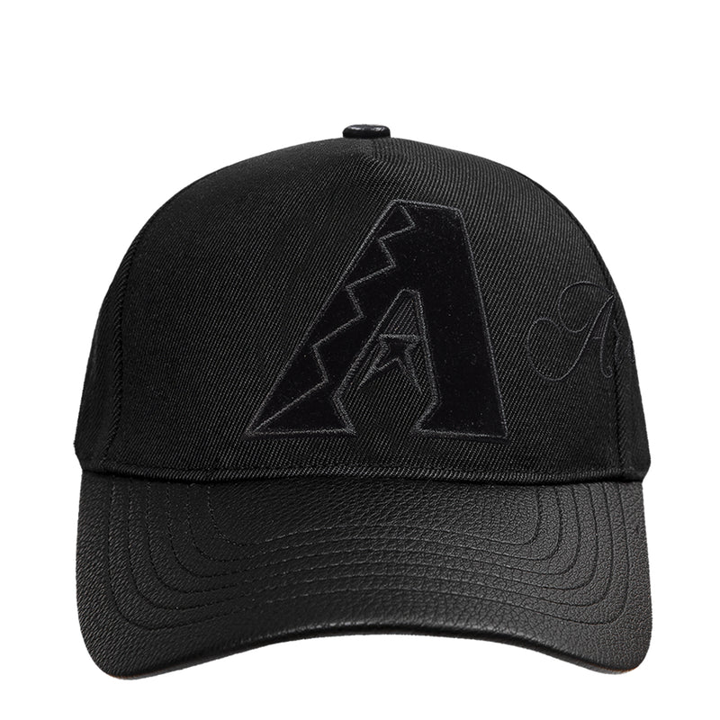 Black snapback cap with large embroidered A logo on front