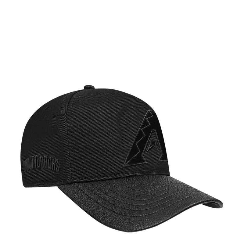 Black snapback cap with side embroidered Diamondbacks wordmark and A logo