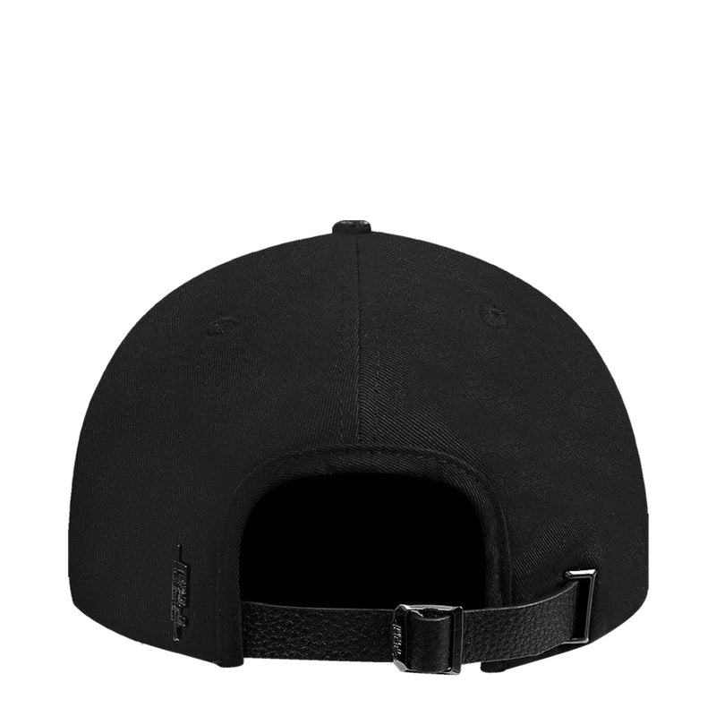 Black snapback cap with adjustable leather-look strap and interior opening