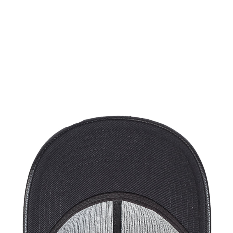Black snapback cap top panel close-up with stitched fabric texture
