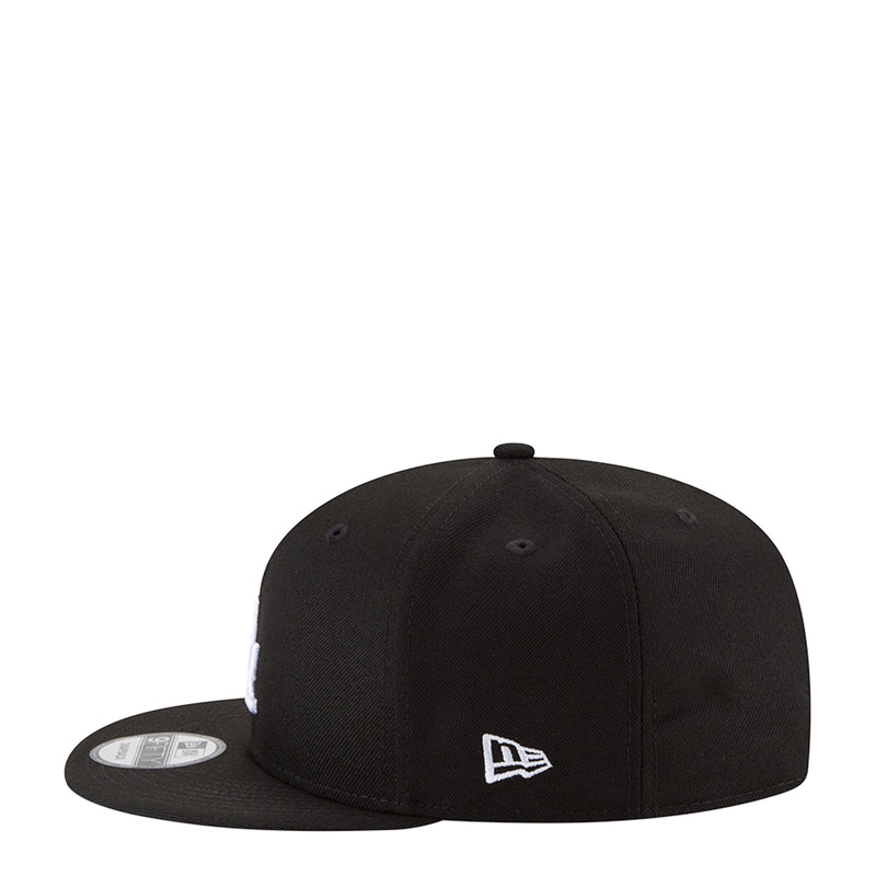 Black baseball cap with New Era flag logo on front and flat brim