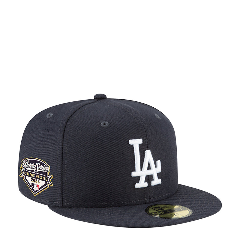 Navy baseball cap with white LA logo and World Series side patch