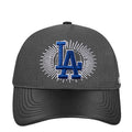 Black washed strapback baseball cap with blue LA logo and wavy lower brim stitching