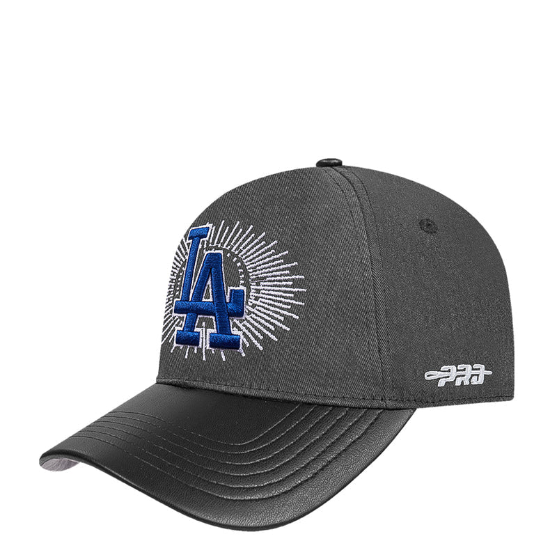 Black washed strapback cap with blue LA emblem and small left-side logo