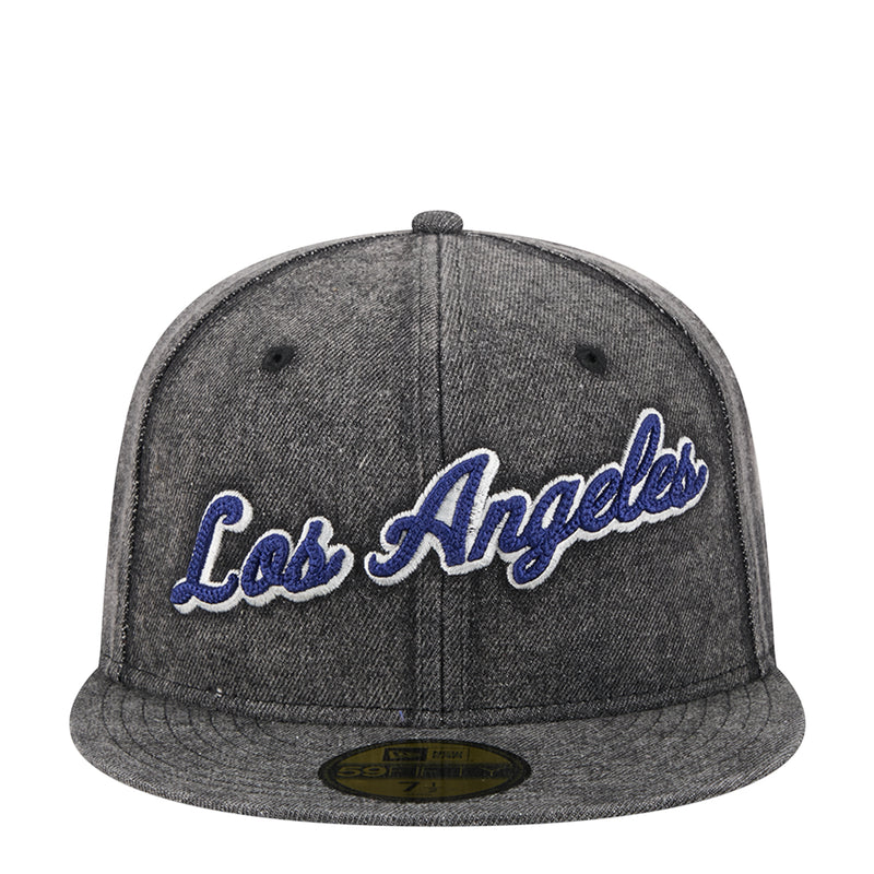 Heather gray baseball cap with blue 'Los Angeles' script front