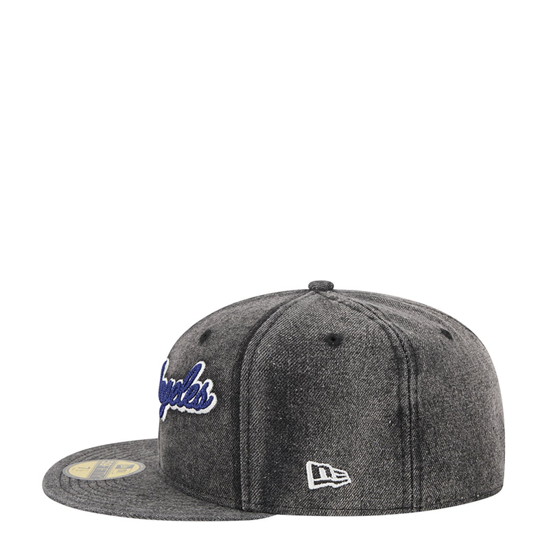Heather gray baseball cap with blue side logo and New Era flag patch