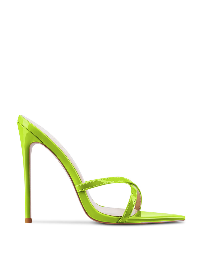 Femme LA Donatella Mule in Lime – side profile, neon lime patent leather mule with two thin crossover toe straps, pointed toe, slim stiletto