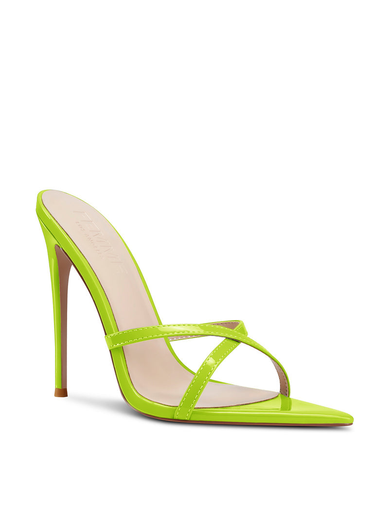 Femme LA Donatella Mule in Lime – front three-quarter view, crossed lime patent leather straps, pointed toe, nude lining