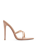 Femme LA Donatella Mule in Nude – side profile, two thin crossover toe straps in nude patent leather, pointed toe, extreme slim stiletto