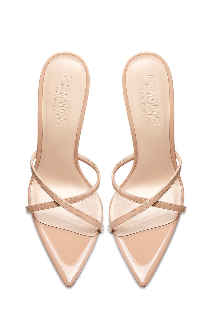 Femme LA Donatella Mule in Nude – top-down pair view, crossed nude patent leather straps, FEMME LOS ANGELES embossed insoles