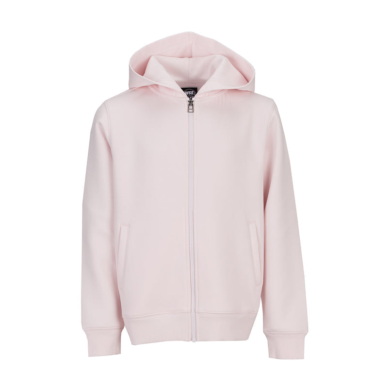 Youth pink zip-front double-knit hoodie with drawstring hood, front pockets