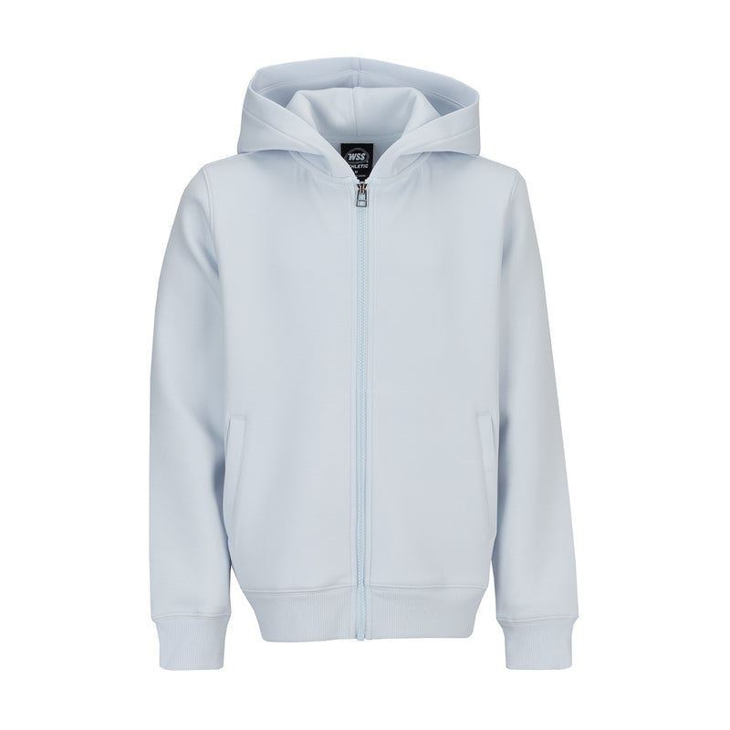 Youth light blue zip-front hoodie with hood and kangaroo pockets