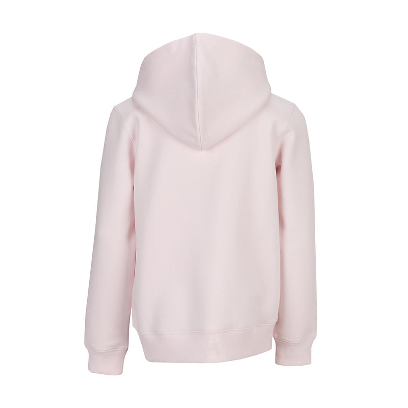 Youth pink zip-front hoodie with hood, back view