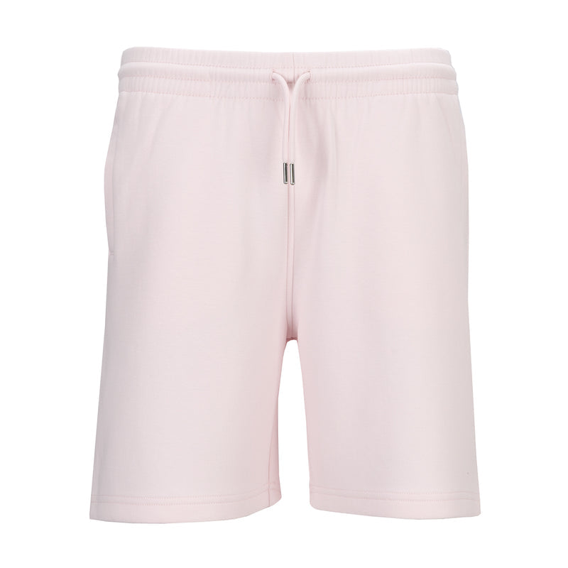 Light pink youth double-knit shorts, elastic waistband with drawstring, side pockets.