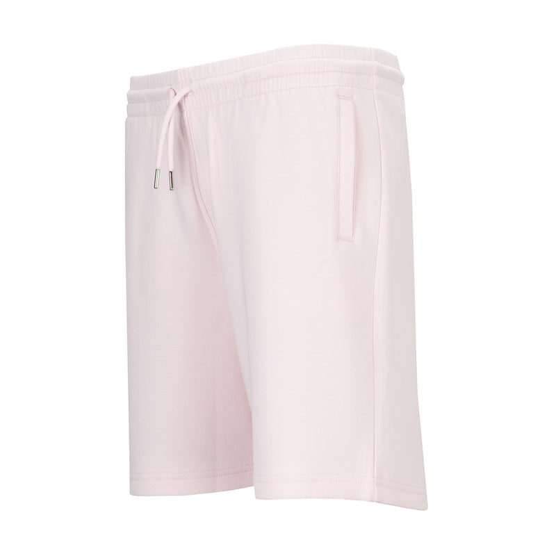 Light pink youth double-knit shorts with elastic waistband, drawstring, back patch pocket.