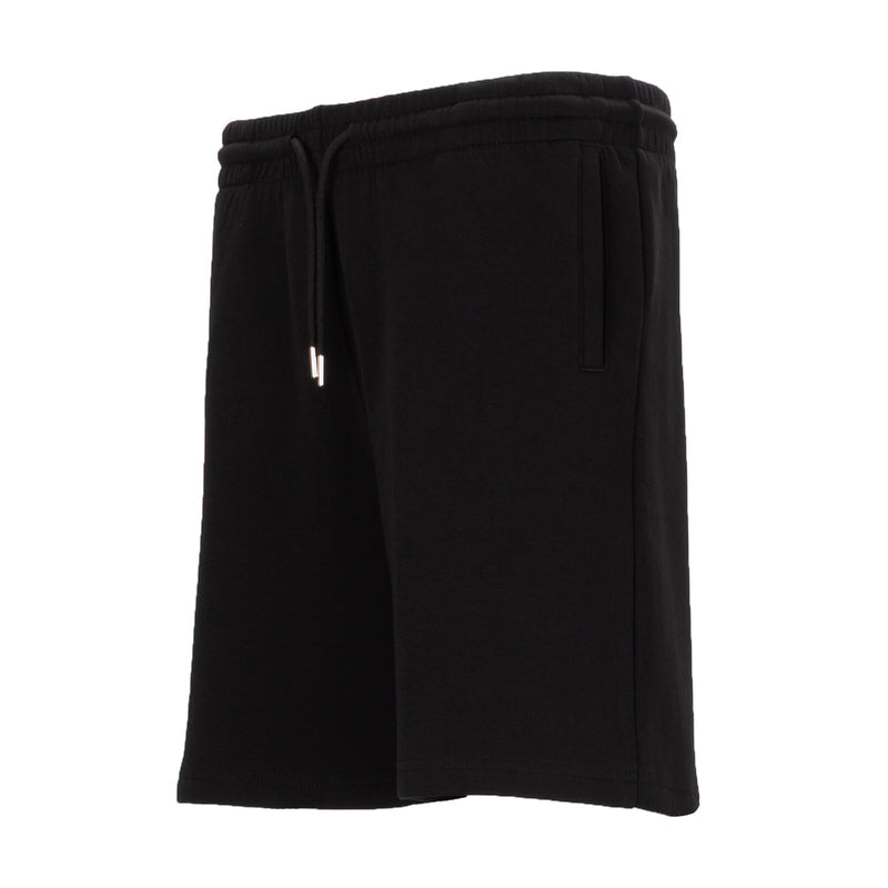 Black youth double-knit shorts, back view, elastic waistband with drawstring
