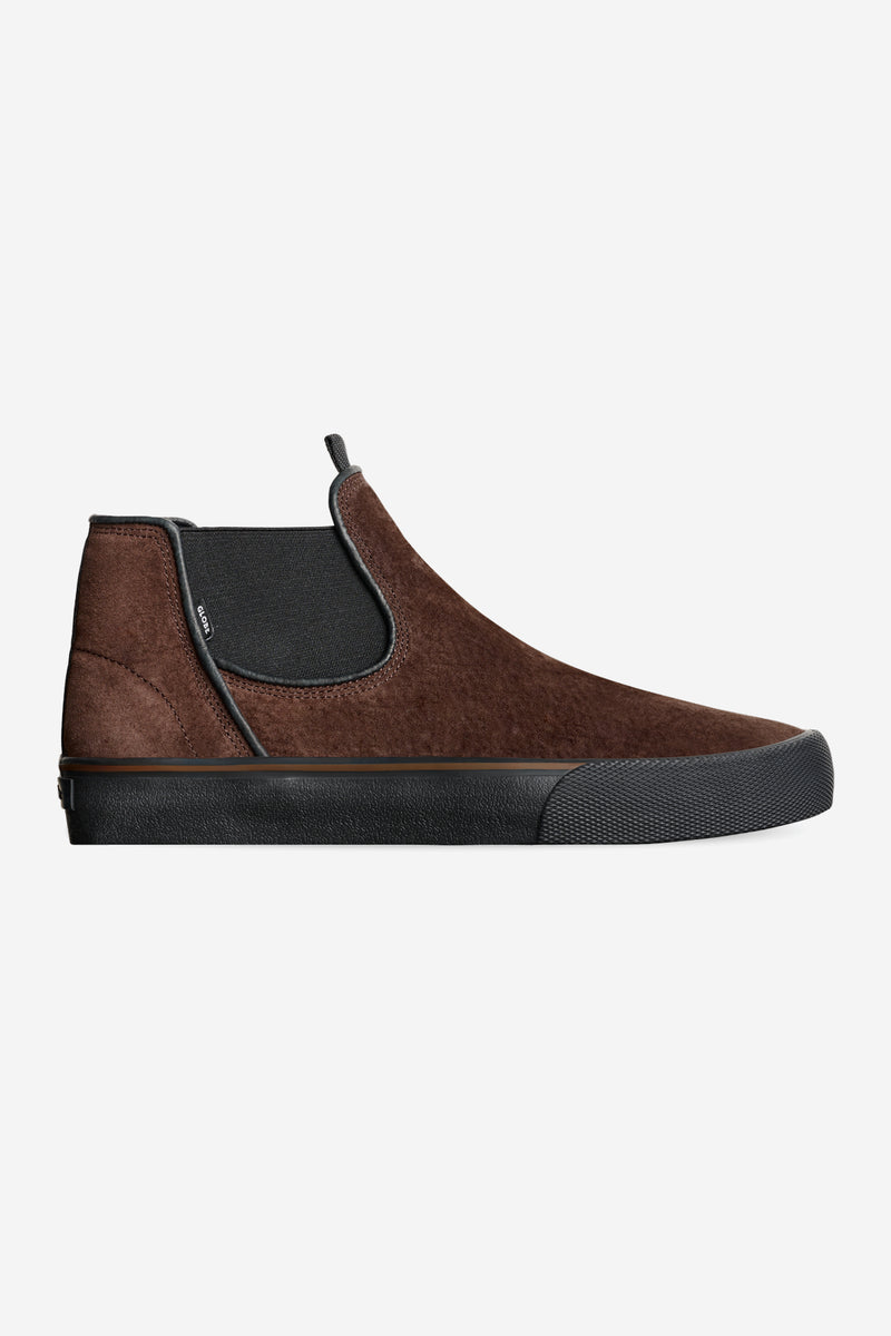 Dover Dark Chocolate Gillette slip-on sneaker in brown suede with black elastic side panel