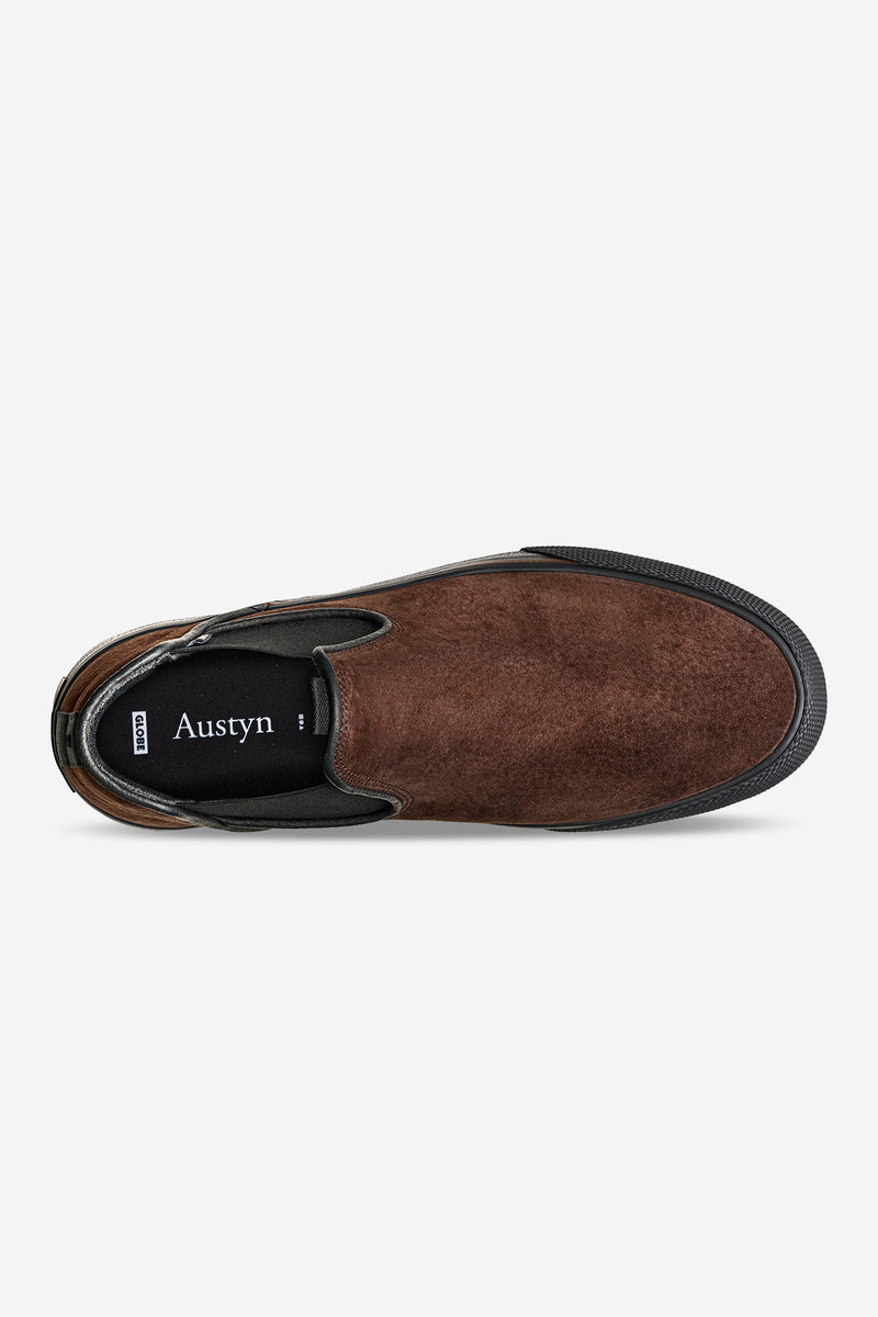 Dover Dark Chocolate Gillette slip-on sneaker in brown suede with black elastic side panel