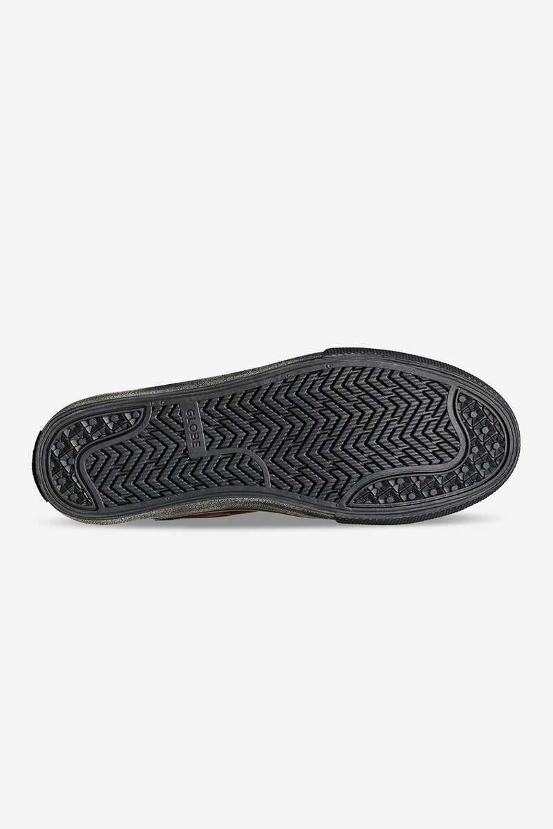Bottom view of the Dover Dark Chocolate Gillette skate shoe showing the textured black outsole tread.