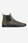 Side view of Dover II Distressed Leather high top slip on boot in olive cracked leather with black sole