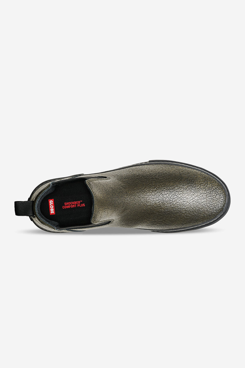 Top-down view of Dover II distressed leather skate boot with pull tab and red Shockbed insole label