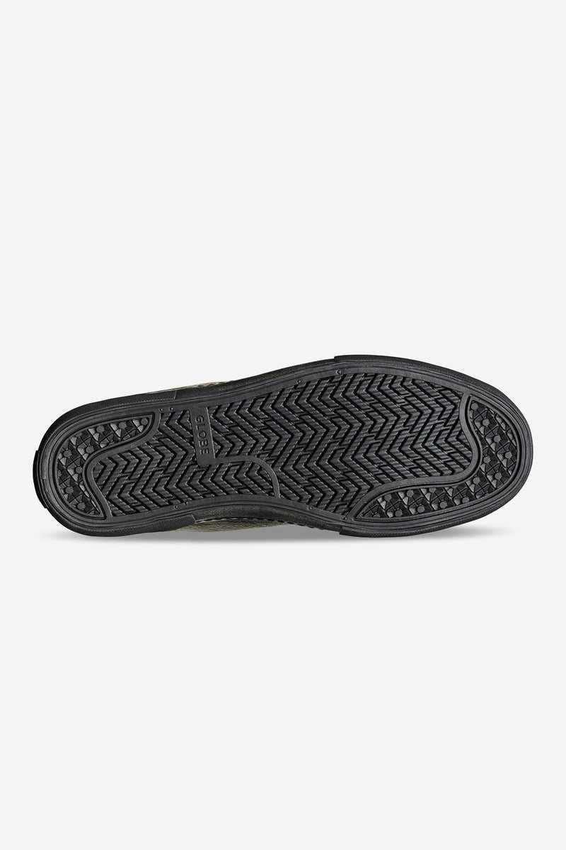 Outsole view of Dover II distressed leather boot with black herringbone tread pattern