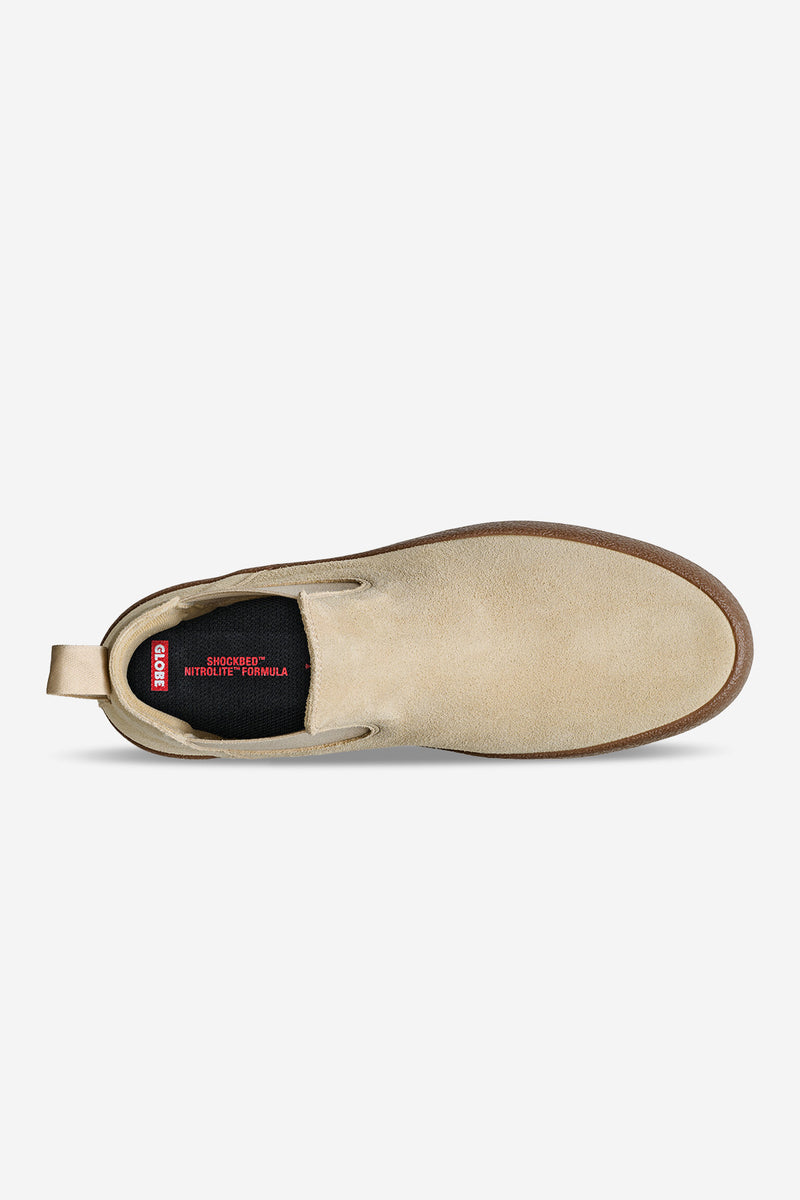 Top view of beige Dover II Safari Crepe slip on boot showing elastic side panel and Shockbed insole