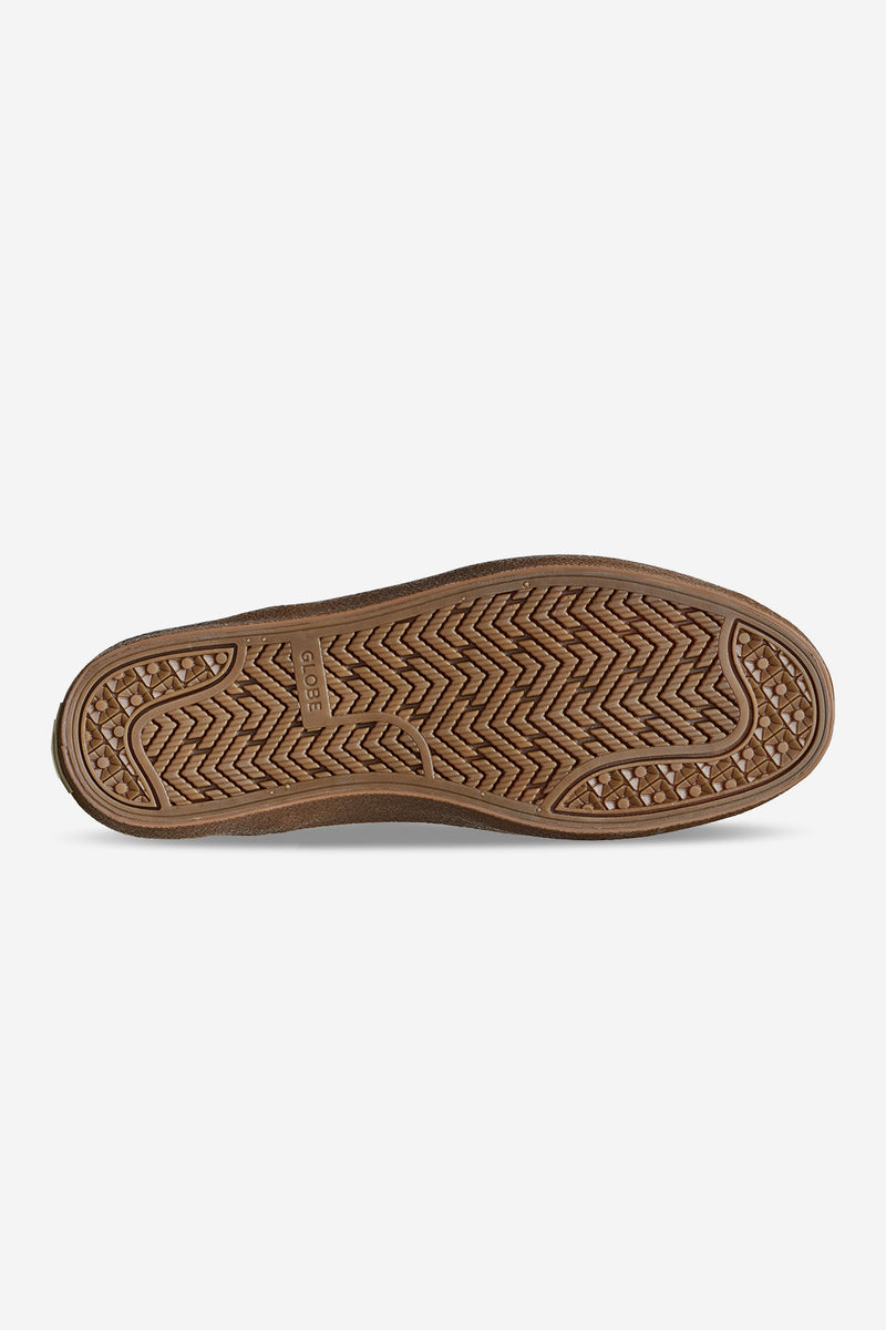 Bottom view of the Dover II Safari Crepe outsole with herringbone tread and Globe branding