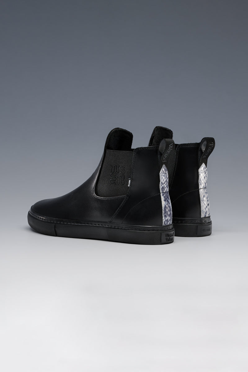 Back and side view of Dover II Black Snake boot showing pull tabs with snake pattern and black leather upper