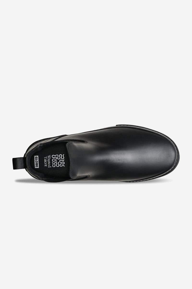 Top view of Dover II Black Snake boot highlighting smooth black leather upper and rounded toe