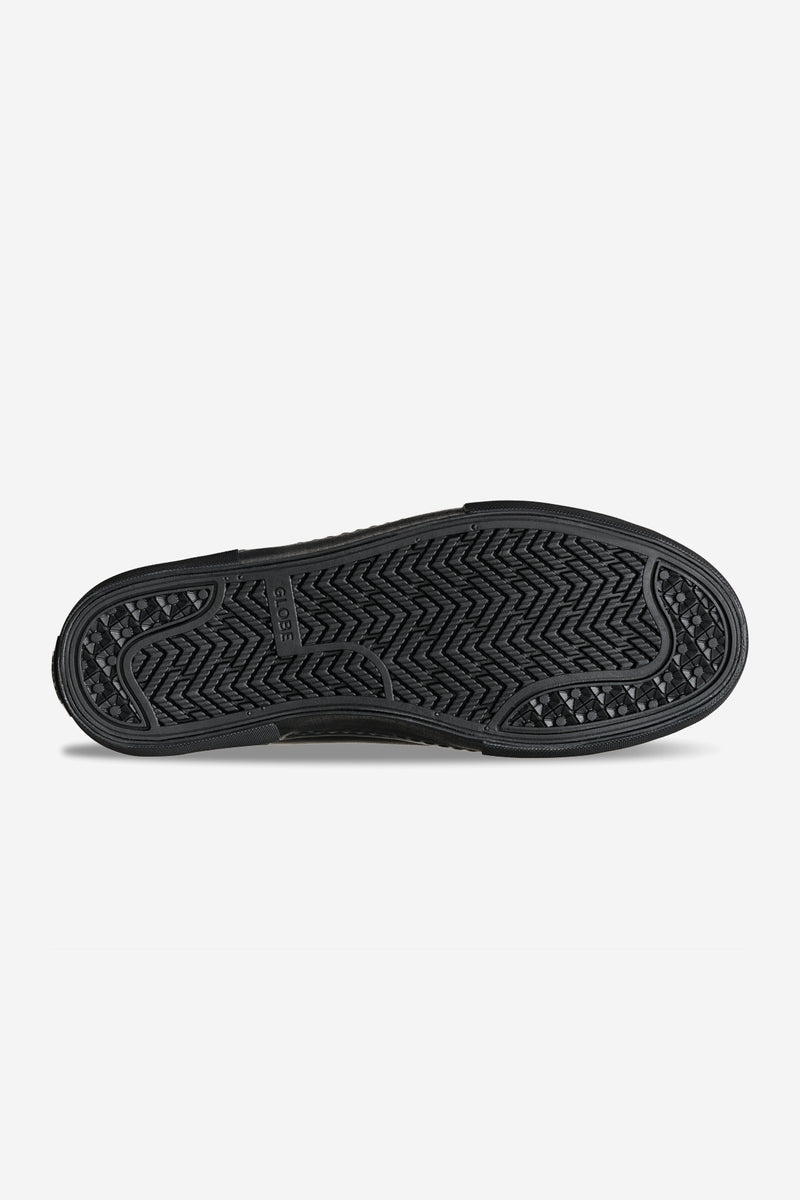 Bottom view of the Dover II Wasted Talent Black Snake skate shoe showing a black vulcanized outsole with herringbone tread and Globe branding.